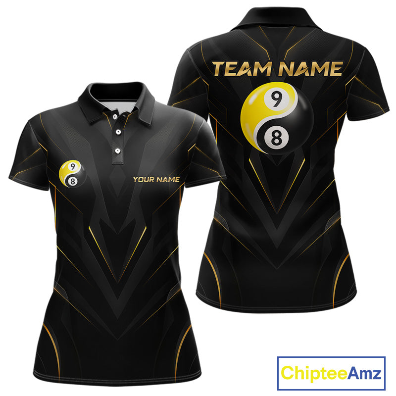 Custom Black Gold Yin Yang 8 Ball and 9 Ball Billiard Team Shirts for Women Billiard League NNT349