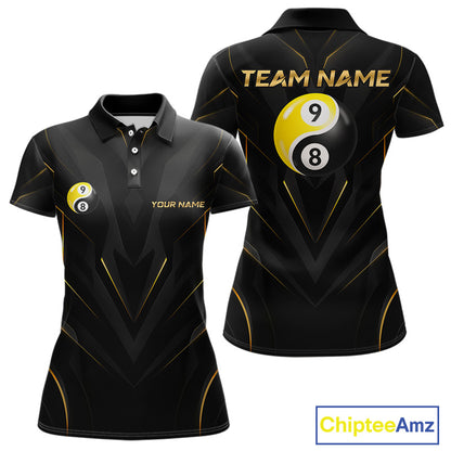 Custom Black Gold Yin Yang 8 Ball and 9 Ball Billiard Team Shirts for Women Billiard League NNT349