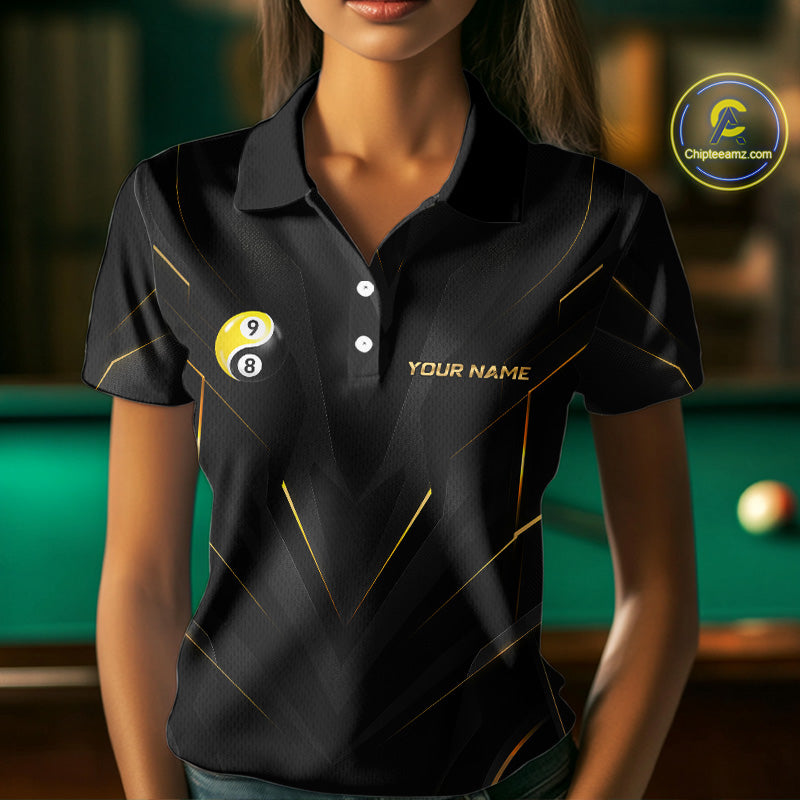 Custom Black Gold Yin Yang 8 Ball and 9 Ball Billiard Team Shirts for Women Billiard League NNT349