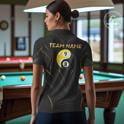 Custom Black Gold Yin Yang 8 Ball and 9 Ball Billiard Team Shirts for Women Billiard League NNT349