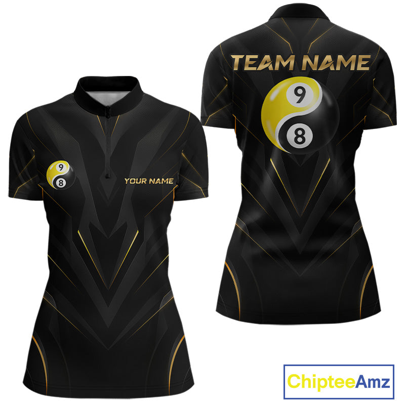 Custom Black Gold Yin Yang 8 Ball and 9 Ball Billiard Team Shirts for Women Billiard League NNT349