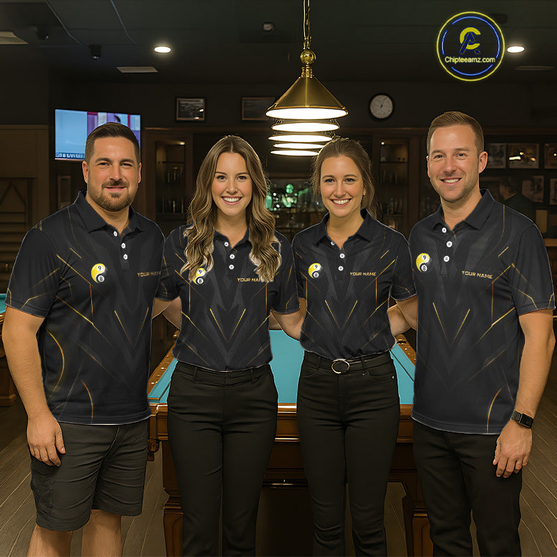 Custom Black Gold Yin Yang 8 Ball and 9 Ball Billiard Team Shirts for Men Billiard League NNT349