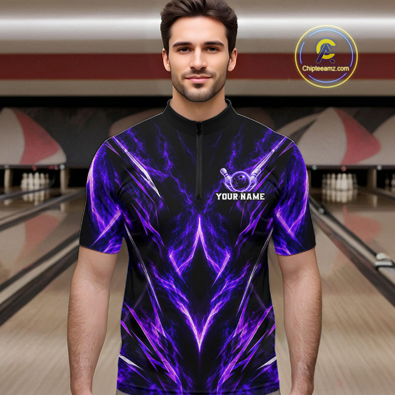 Custom Black Purple Smoke Bowling Team Shirts for Men Bowling League Shirts Polo & 1/4 Zip HNT635