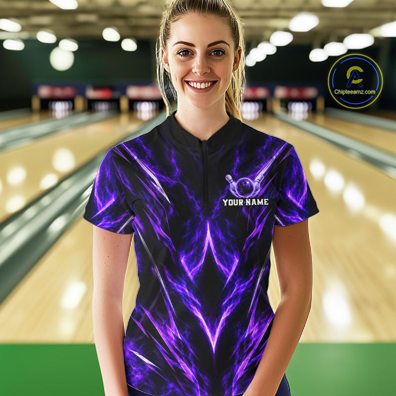 Custom Black Purple Smoke Bowling Team Shirts for Women Bowling League Shirts Polo & 1/4 Zip HNT635