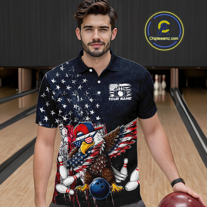 Man wearing a dark patriotic bowling polo with distressed stars-and-stripes graphics, a eagle , bowling pins, and custom your name text.