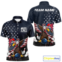 Load image into Gallery viewer, Front and back views of a dark patriotic bowling polo with distressed stars-and-stripes graphics, a eagle , bowling pins, and custom team text.