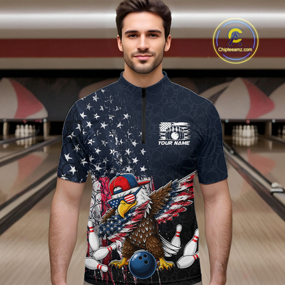 Man wearing a dark patriotic bowling quarter zip with distressed stars-and-stripes graphics, a eagle , bowling pins, and custom your name text.