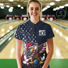 Load image into Gallery viewer, Woman wearing a dark patriotic bowling quarter zip with distressed stars-and-stripes graphics, a eagle , bowling pins, and custom your name text.