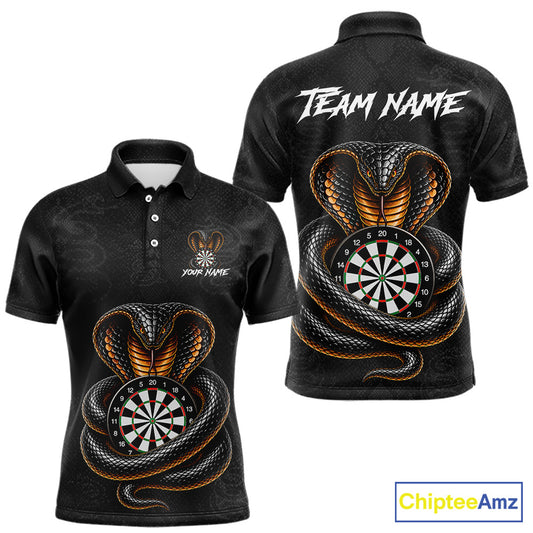 Front and back darts polo shirt featuring a cobra wrapped around a dartboard with detailed cobra snake on a black background.