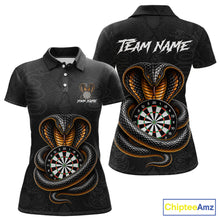 Load image into Gallery viewer, Front and back darts polo shirt featuring a cobra wrapped around a dartboard with cobra snake artwork on a black background.
