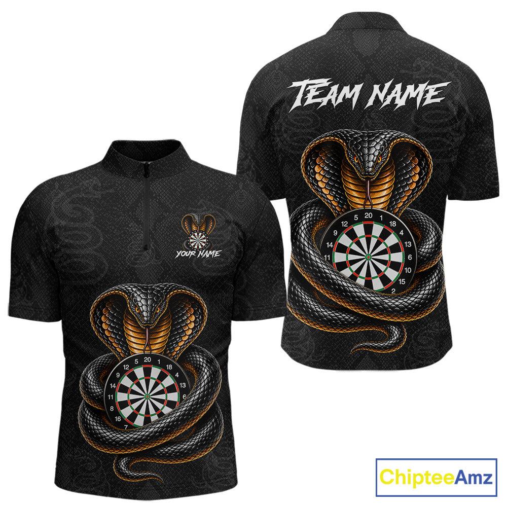 Front and back darts quarter zip shirt featuring a cobra wrapped around a dartboard with detailed cobra snake on a black background.