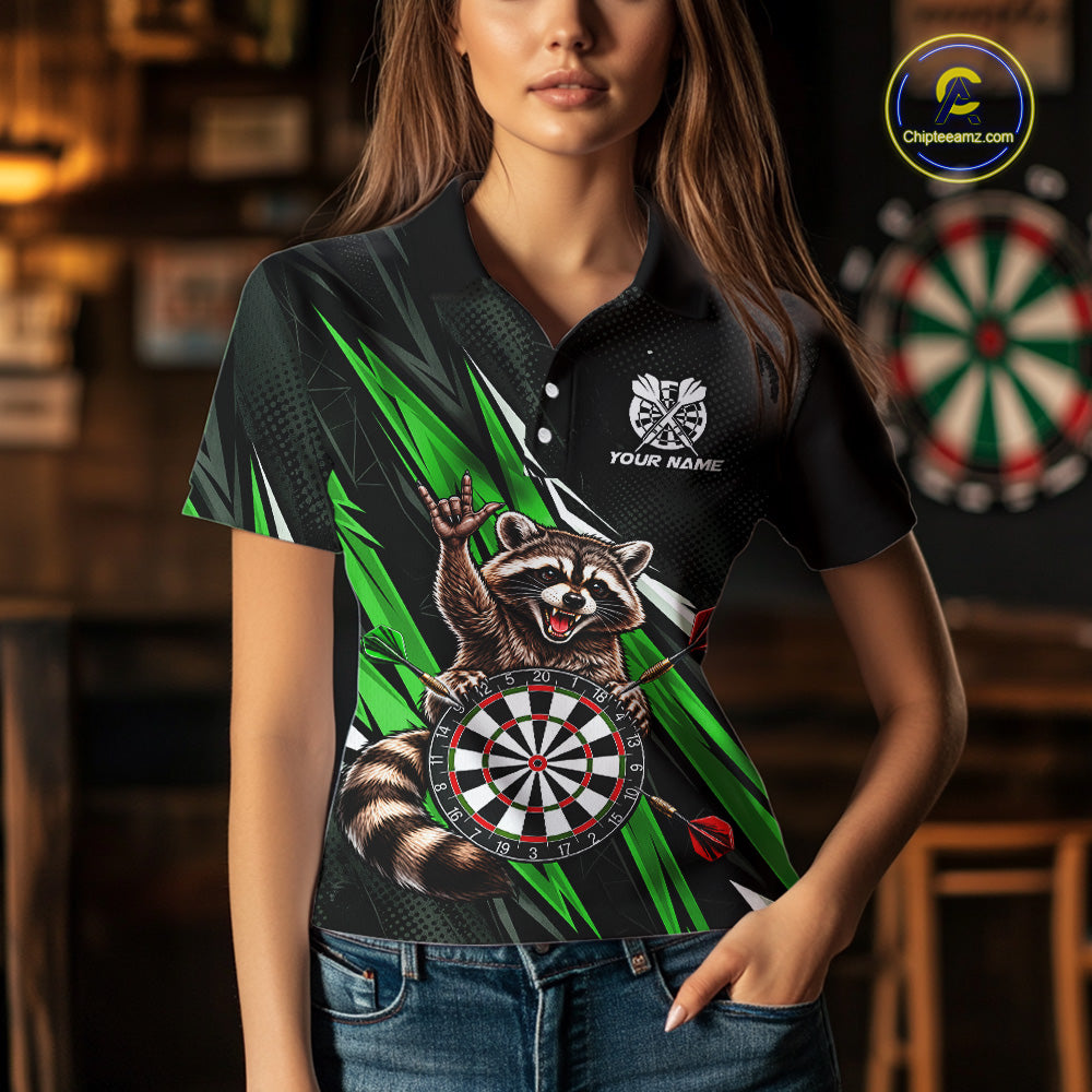 Custom Green Funny Raccoon Dart Shirts for Women Dart Team Jerseys Dartboard Outfit League NNT353