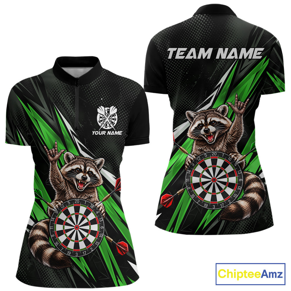 Custom Green Funny Raccoon Dart Shirts for Women Dart Team Jerseys Dartboard Outfit League NNT353