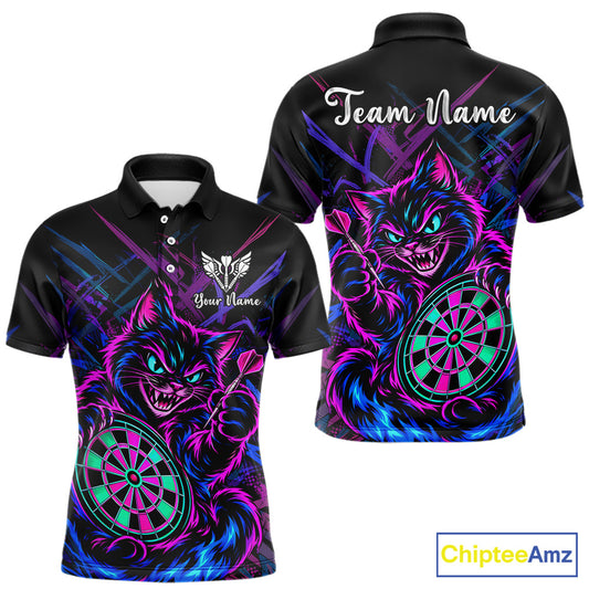 Front and back views of a black short-sleeve polo shirt featuring a neon pink, purple, and blue cheshire cat graphic holding a dartboard, with customizable text placeholders 'Team Name' and 'Your Name' on a white background.