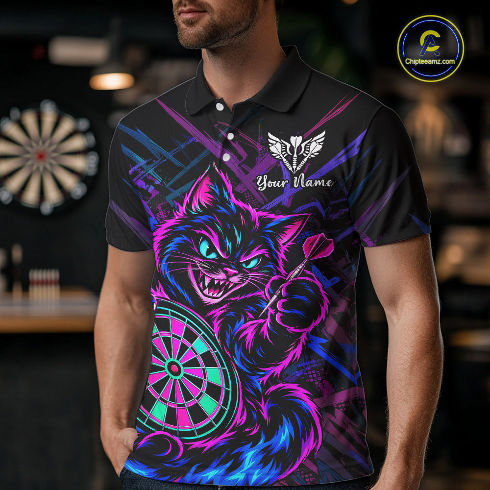 Custom Neon Funny Angry Cat Dart Shirts for Men Dart Team Jerseys Dartboard Outfit Shirt NNT357