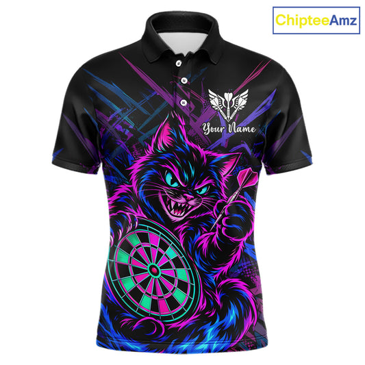 A black short-sleeve polo shirt with a vibrant neon graphic of a cat holding a dartboard, featuring a customizable name print on the chest and a 'ChipteeAmz' logo in the top right corner.