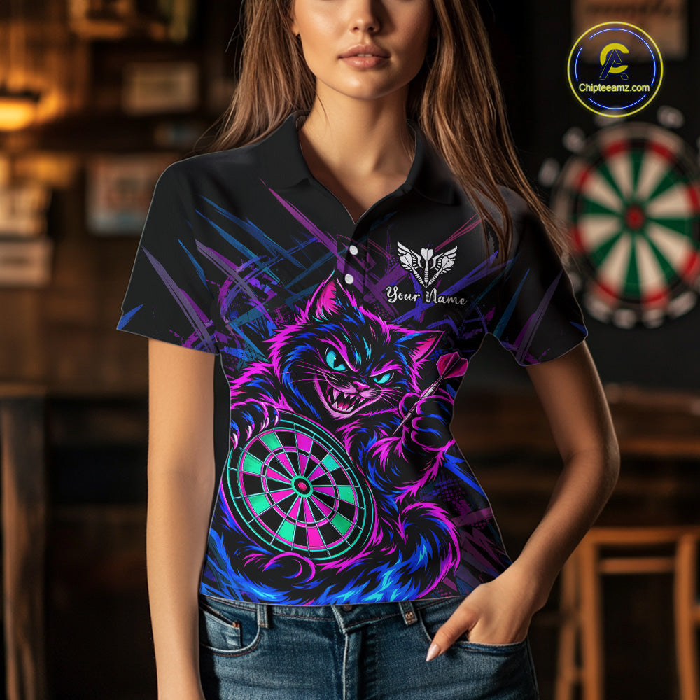 Custom Neon Funny Angry Cat Dart Shirts for Women Dart Team Jerseys Dartboard Outfit Shirt NNT357