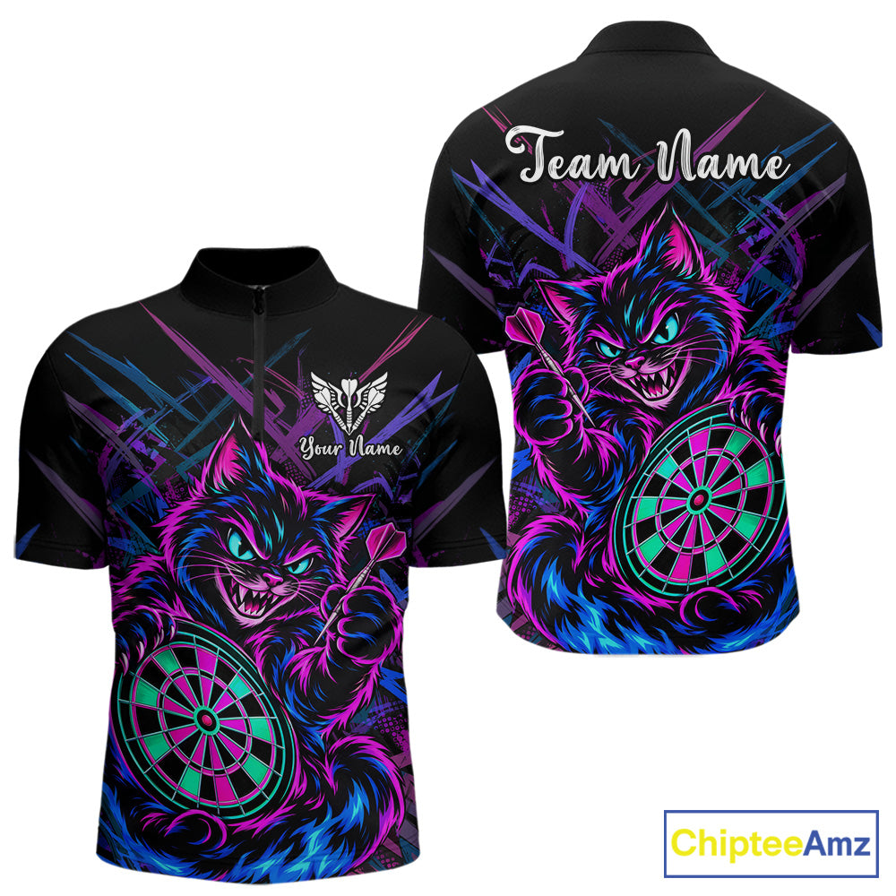 Custom Neon Funny Angry Cat Dart Shirts for Men Dart Team Jerseys Dartboard Outfit Shirt NNT357