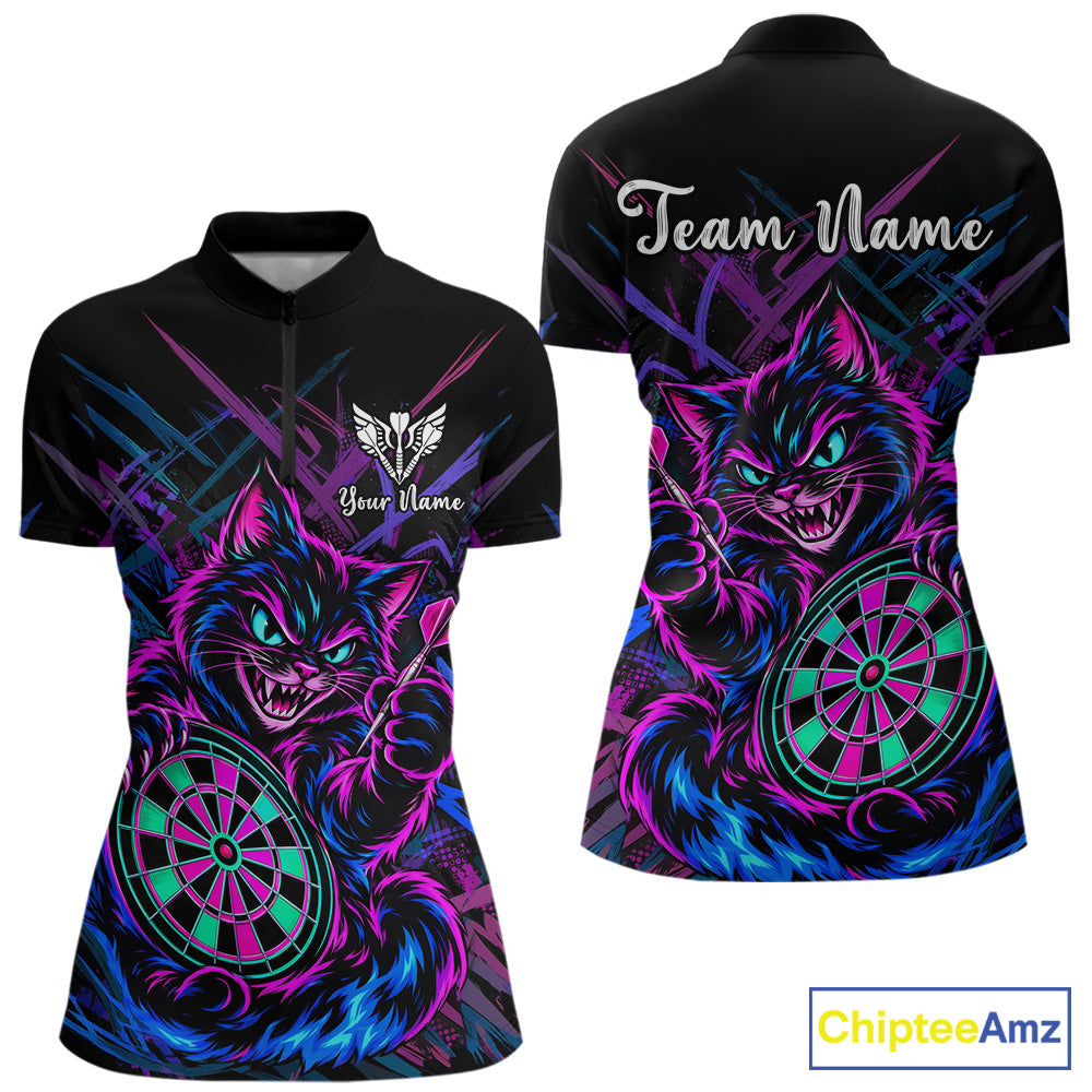 Custom Neon Funny Angry Cat Dart Shirts for Women Dart Team Jerseys Dartboard Outfit Shirt NNT357