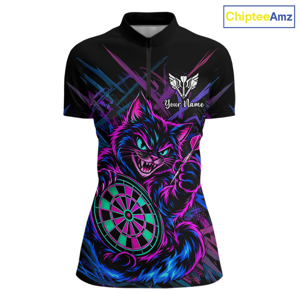 Custom Neon Funny Angry Cat Dart Shirts for Women Dart Team Jerseys Dartboard Outfit Shirt NNT357