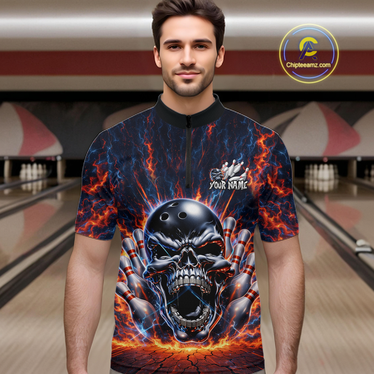 Custom Skull Bowling Jersey for Men - Flaming Strike Personalize Bowling Team Shirt Polo & 1/4 Zip HNT215