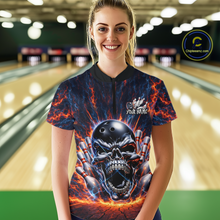 Load image into Gallery viewer, Custom Skull Bowling Jersey for Women - Flaming Strike Personalize Bowling Team Shirt Polo &amp; 1/4 Zip HNT215
