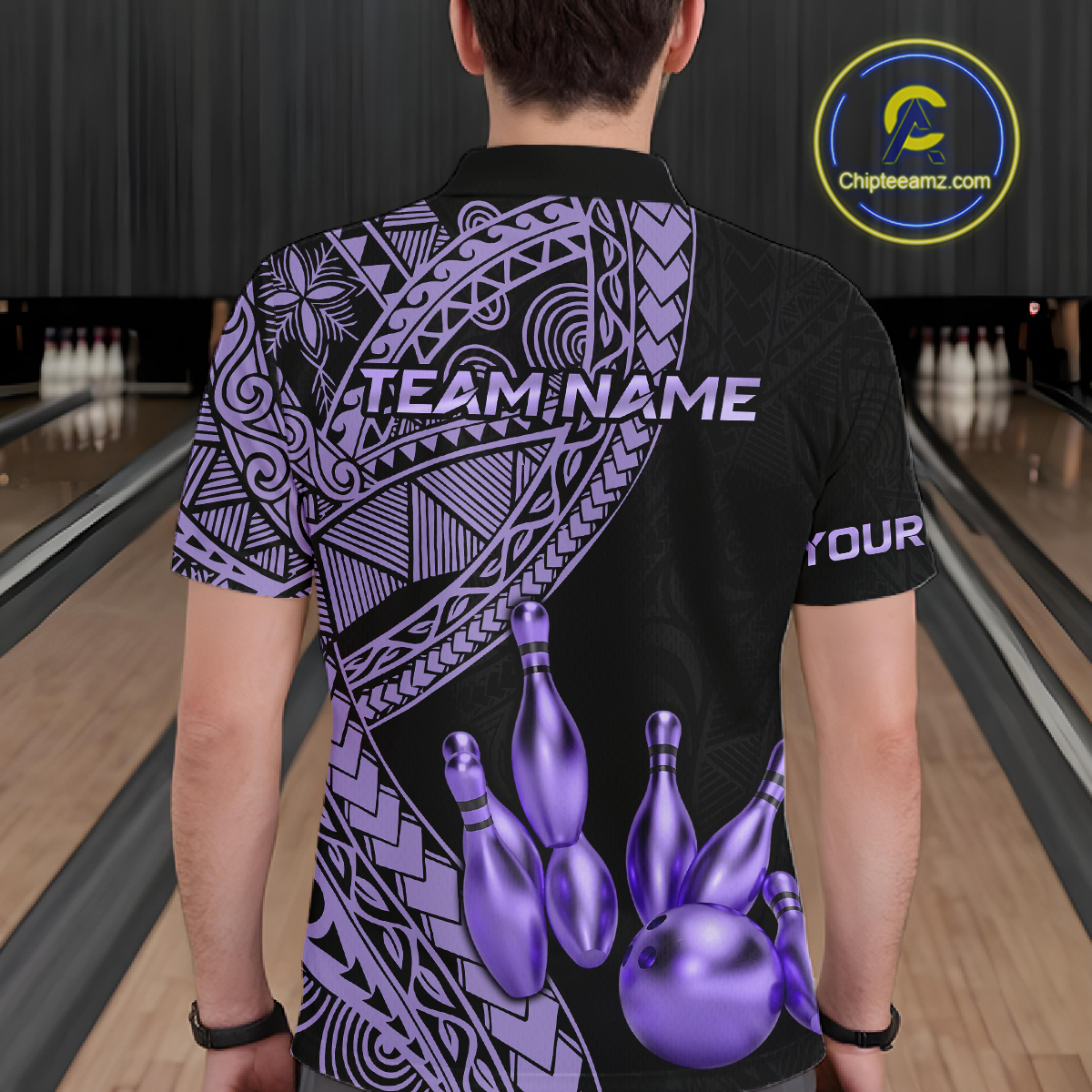 Black and Purple Tribal Pattern Bowling Jersey for Men Bowling Uniform Bowling Team Shirts HNT225