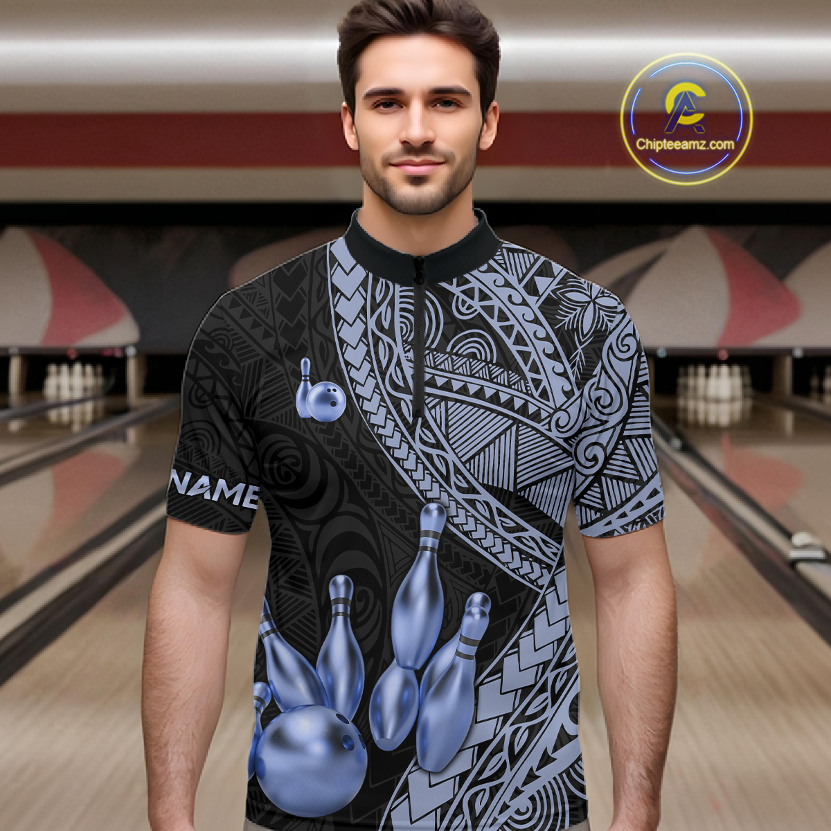 Black and Blue Tribal Pattern Bowling Jersey for Woen Bowling Uniform Bowling Team Shirts HNT225