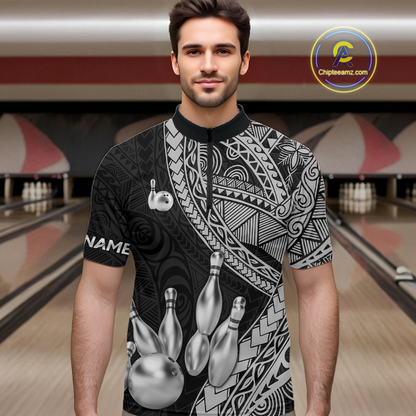 Black and White Tribal Pattern Bowling Jersey for Men Bowling Uniform Bowling Team Shirts HNT225