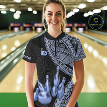 Load image into Gallery viewer, Black and Blue Tribal Pattern Bowling Jersey for Women Bowling Uniform Bowling Team Shirts HNT225