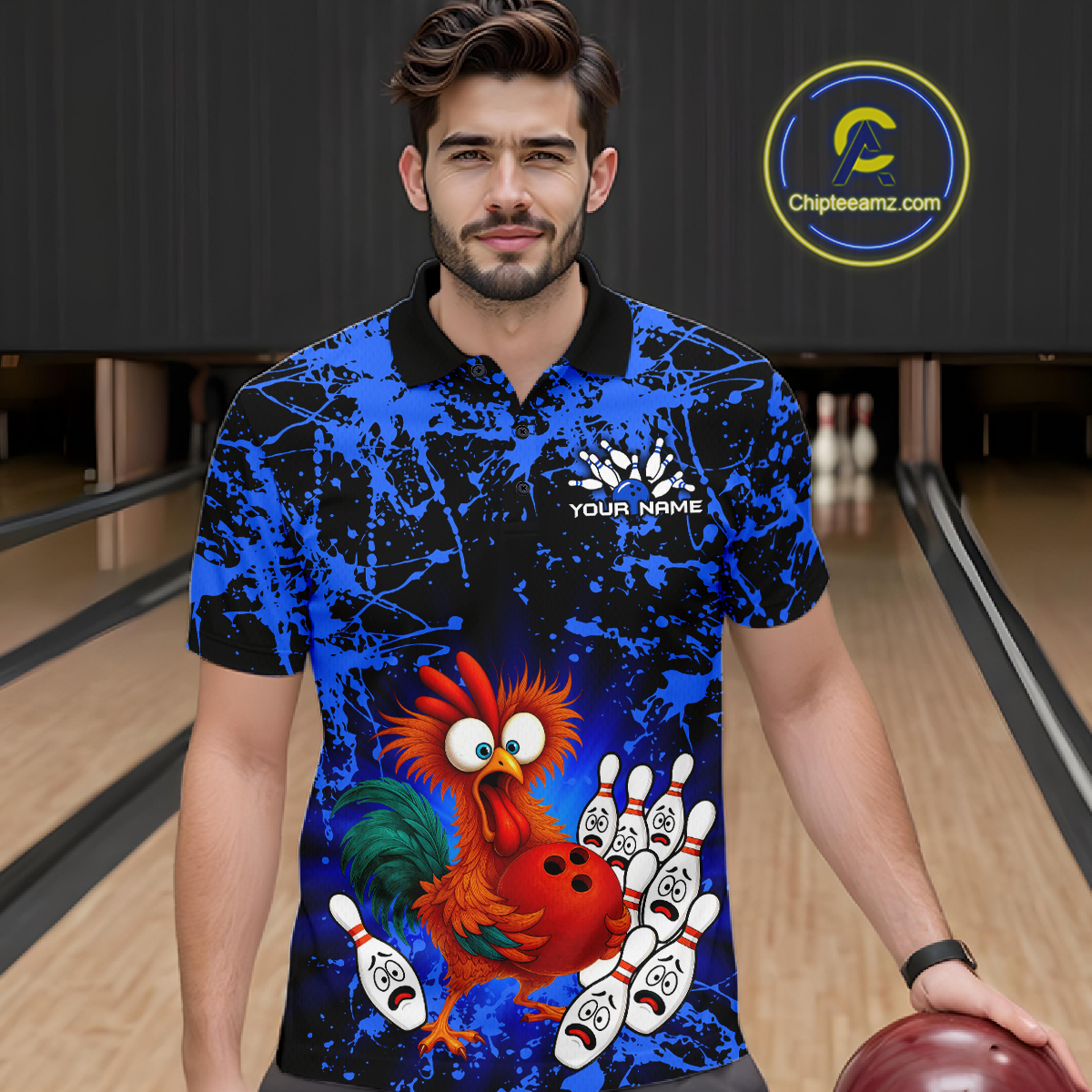 Blue Funny Chicken Bowling Jersey for Men Bowling League Bowling Team Shirts Polo & 1/4 Zip HN232