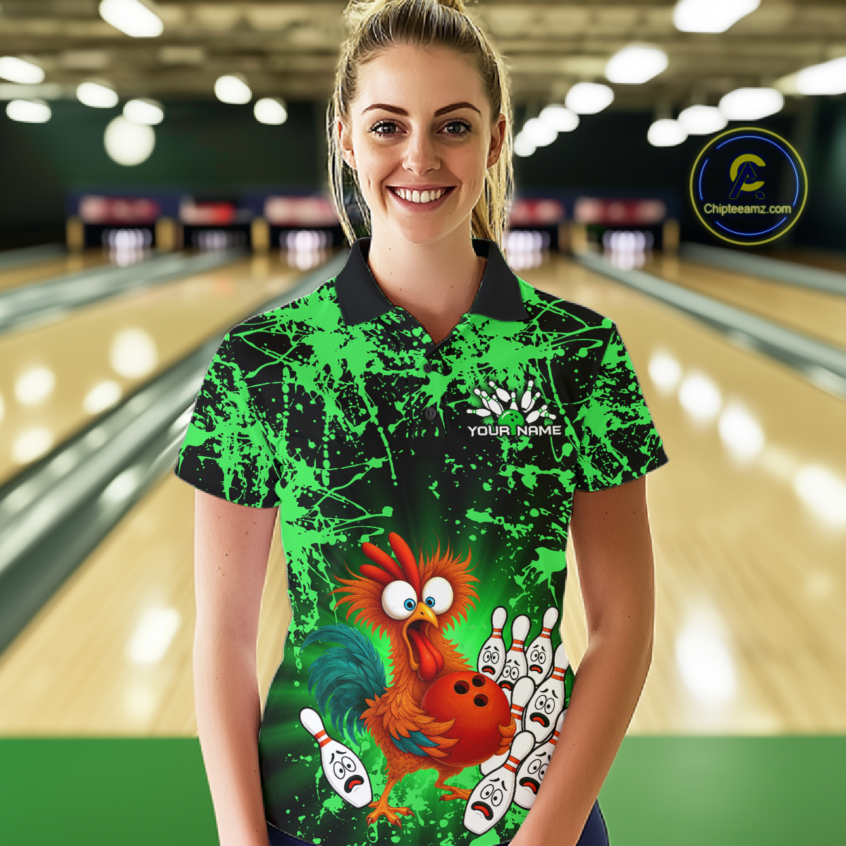Green Funny Chicken Bowling Jersey for Women Bowling League Bowling Team Shirts Polo & 1/4 Zip HN232
