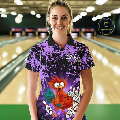 Purple Funny Chicken Bowling Jersey for Women Bowling League Bowling Team Shirts Polo & 1/4 Zip HN232