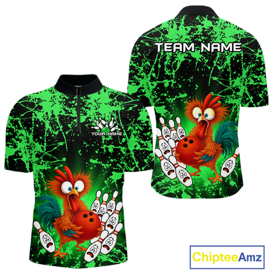Green Funny Chicken Bowling Jersey for Men Bowling League Bowling Team Shirts Polo & 1/4 Zip HN232