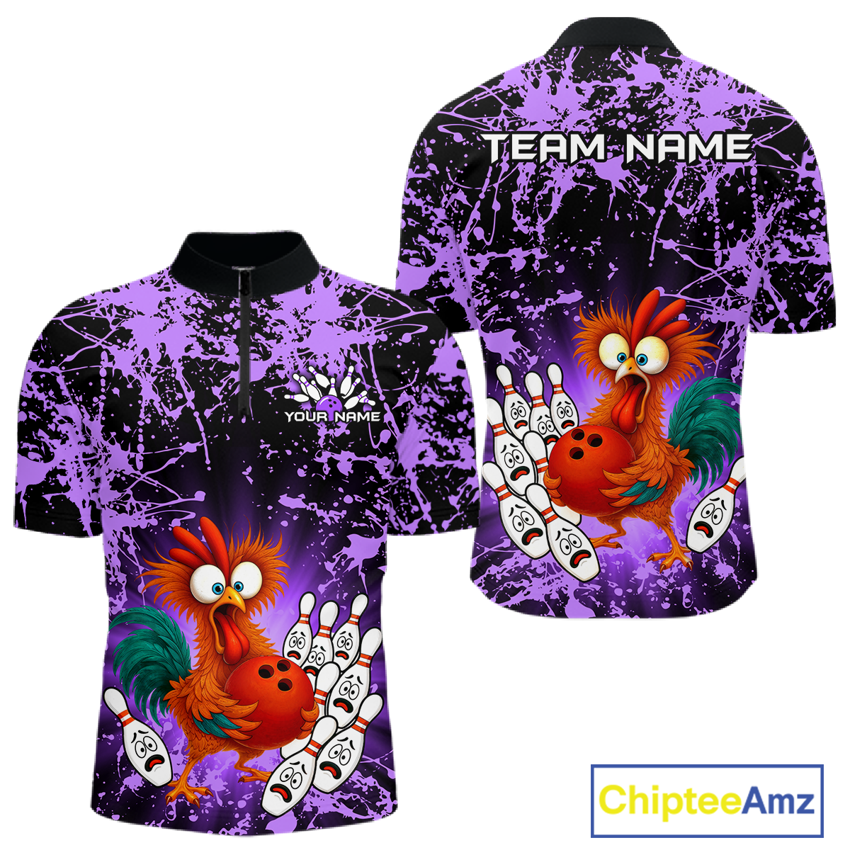Purple Funny Chicken Bowling Jersey for Men Bowling League Bowling Team Shirts Polo & 1/4 Zip HN232