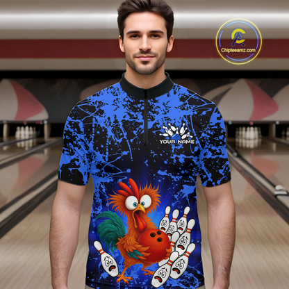 Blue Funny Chicken Bowling Jersey for Men Bowling League Bowling Team Shirts Polo & 1/4 Zip HN232