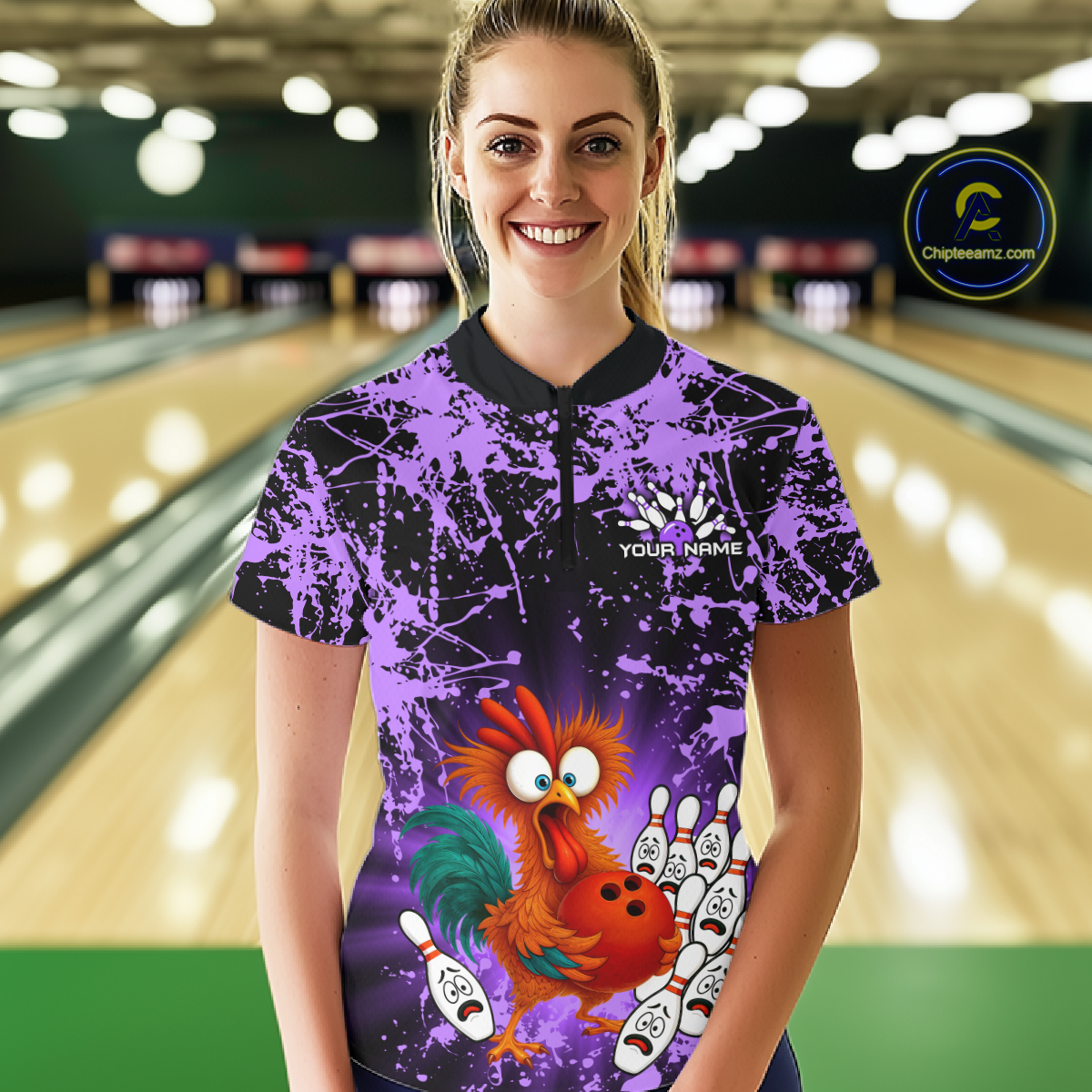 Purple Funny Chicken Bowling Jersey for Women Bowling League Bowling Team Shirts Polo & 1/4 Zip HN232
