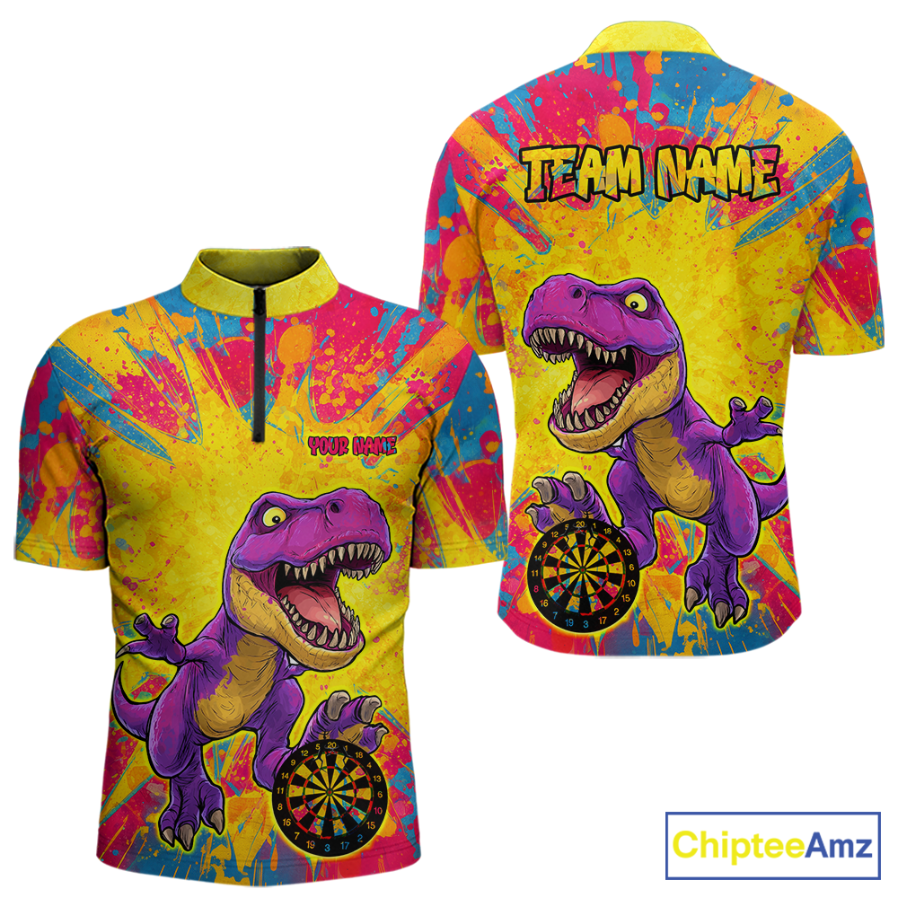 Front and back darts quarter zip shirt featuring a purple dinosaur holding a dartboard within a bright colorful paint splatter background.