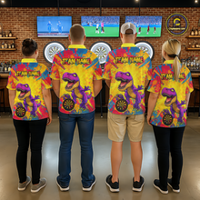 Load image into Gallery viewer, Four people wearing darts polo shirt featuring a purple dinosaur holding a dartboard within a bright colorful paint splatter background.