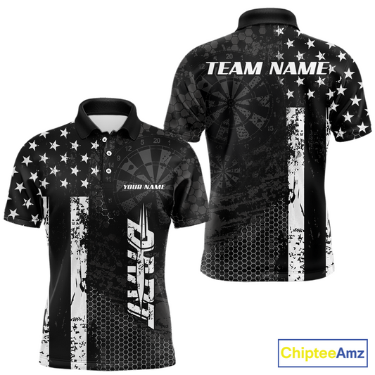 Front and back darts polo shirt featuring dartboard patterns layered with american flag graphics and geometric details on a black background.
