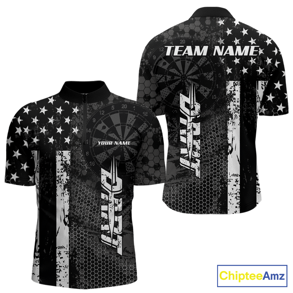 Front and back darts quarter zip shirt featuring dartboard patterns layered with american flag graphics and geometric details on a black background.