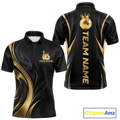 Custom Black Gold Bowling Tournament Shirts For Men With Team Name And Bowling Bowlers HNT563