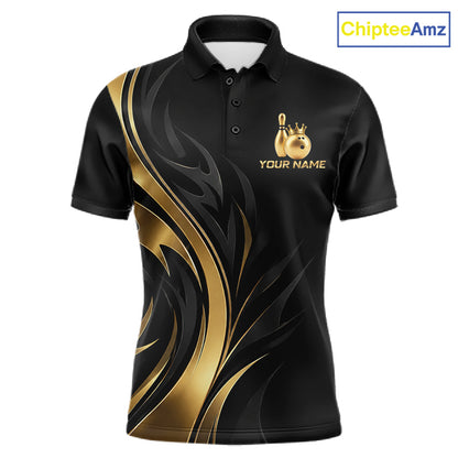 Custom Black Gold Bowling Tournament Shirts For Men With Team Name And Bowling Bowlers HNT563