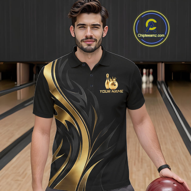 Custom Black Gold Bowling Tournament Shirts For Men With Team Name And Bowling Bowlers HNT563