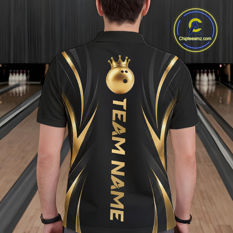 Custom Black Gold Bowling Tournament Shirts For Men With Team Name And Bowling Bowlers HNT563