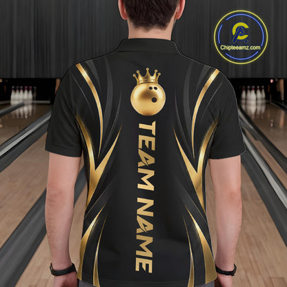 Custom Black Gold Bowling Tournament Shirts For Men With Team Name And Bowling Bowlers HNT563