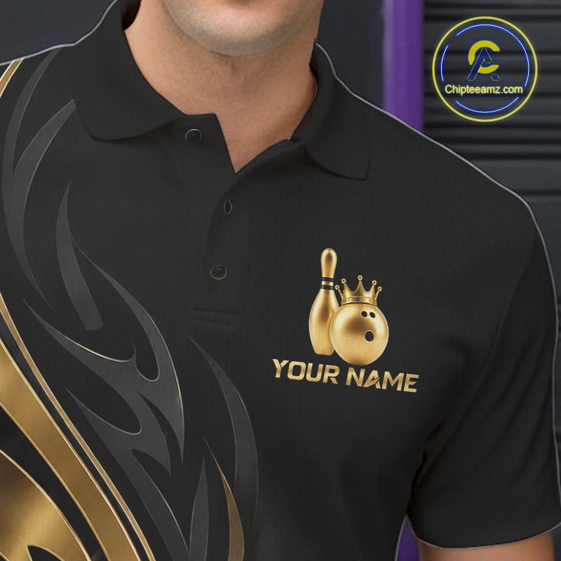 Custom Black Gold Bowling Tournament Shirts For Men With Team Name And Bowling Bowlers HNT563