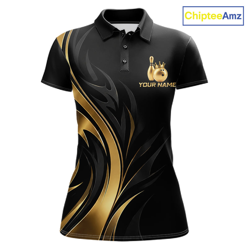 Custom Black Gold Bowling Tournament Shirts For Women With Team Name And Bowling Bowlers HNT563