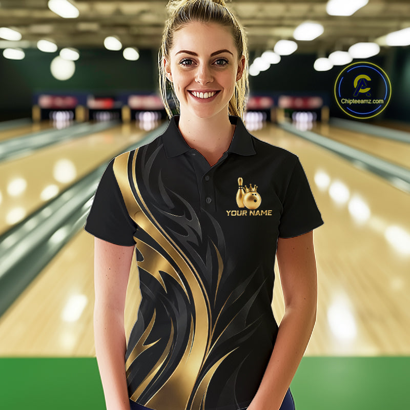 Custom Black Gold Bowling Tournament Shirts For Women With Team Name And Bowling Bowlers HNT563