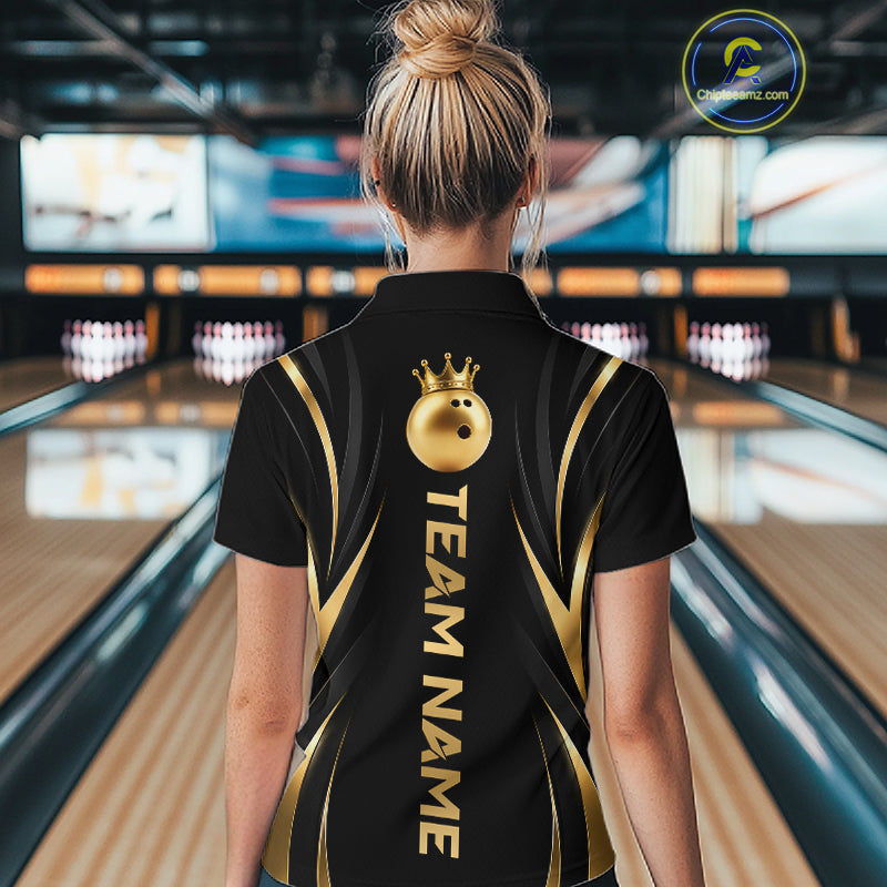 Custom Black Gold Bowling Tournament Shirts For Women With Team Name And Bowling Bowlers HNT563